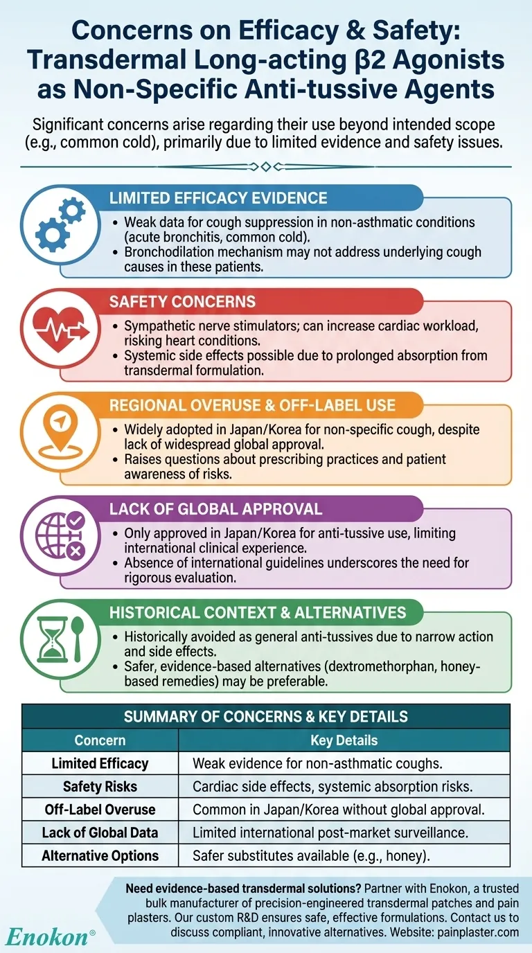 Quais são as preocupações relativamente aos agonistas β2 transdérmicos como supressores da tosse?Riscos de segurança e eficácia Guia Visual