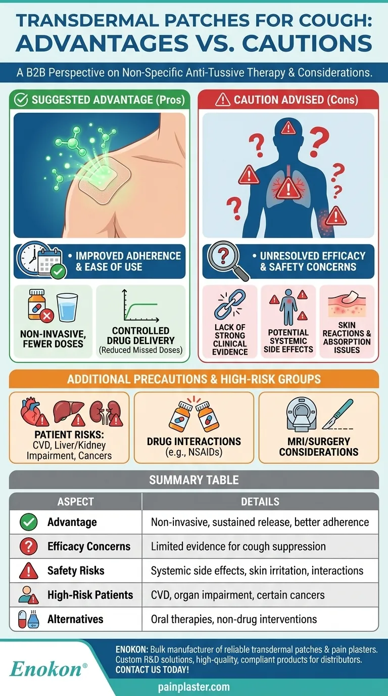 Qual é a vantagem sugerida do adesivo transdérmico como terapia antitússica não específica e que precauções são aconselhadas? Guia Visual