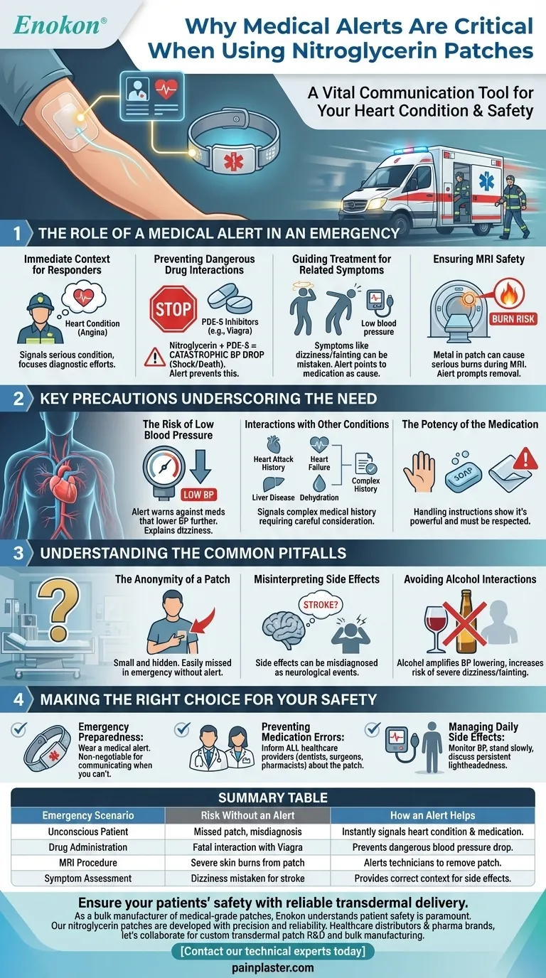 なぜニトログリセリンパッチ使用時にメディカルアラートが重要なのか？心臓の健康を守る ビジュアルガイド