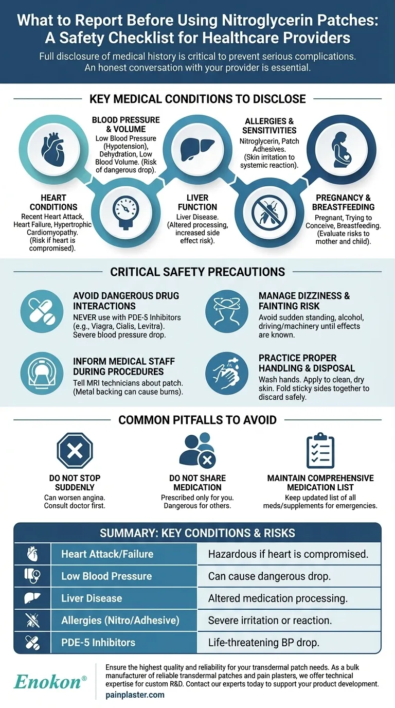 ニトログリセリンパッチを使用する前に報告すべき状態とは？安全な治療のために ビジュアルガイド