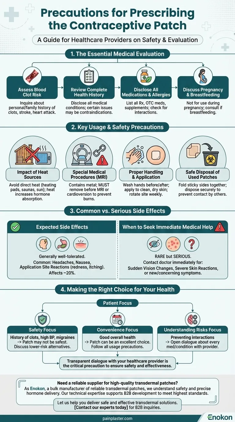 Que precauções são tomadas antes de prescrever o adesivo contracetivo?Garantir uma utilização segura e eficaz Guia Visual