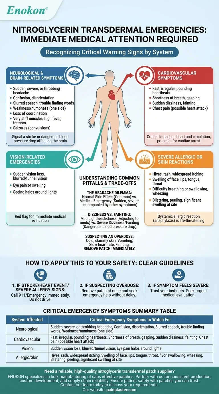 Que sintomas de emergência requerem atenção médica imediata quando se utiliza Nitroglicerina Transdérmica? Guia Visual