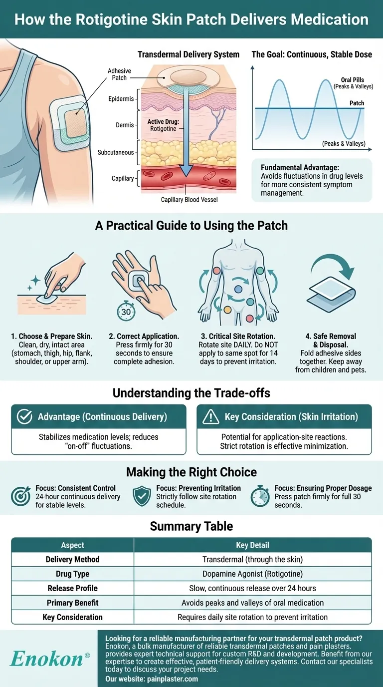Como é que o adesivo cutâneo de rotigotina administra o medicamento?Um guia para a administração transdérmica de medicamentos Guia Visual