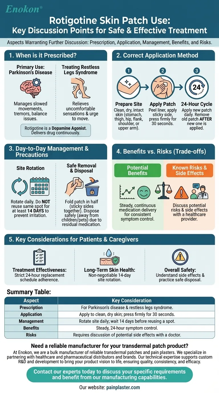 文章提到了使用罗替戈汀皮肤贴剂的哪些方面需要进一步讨论？优化治疗的重要启示 图解指南