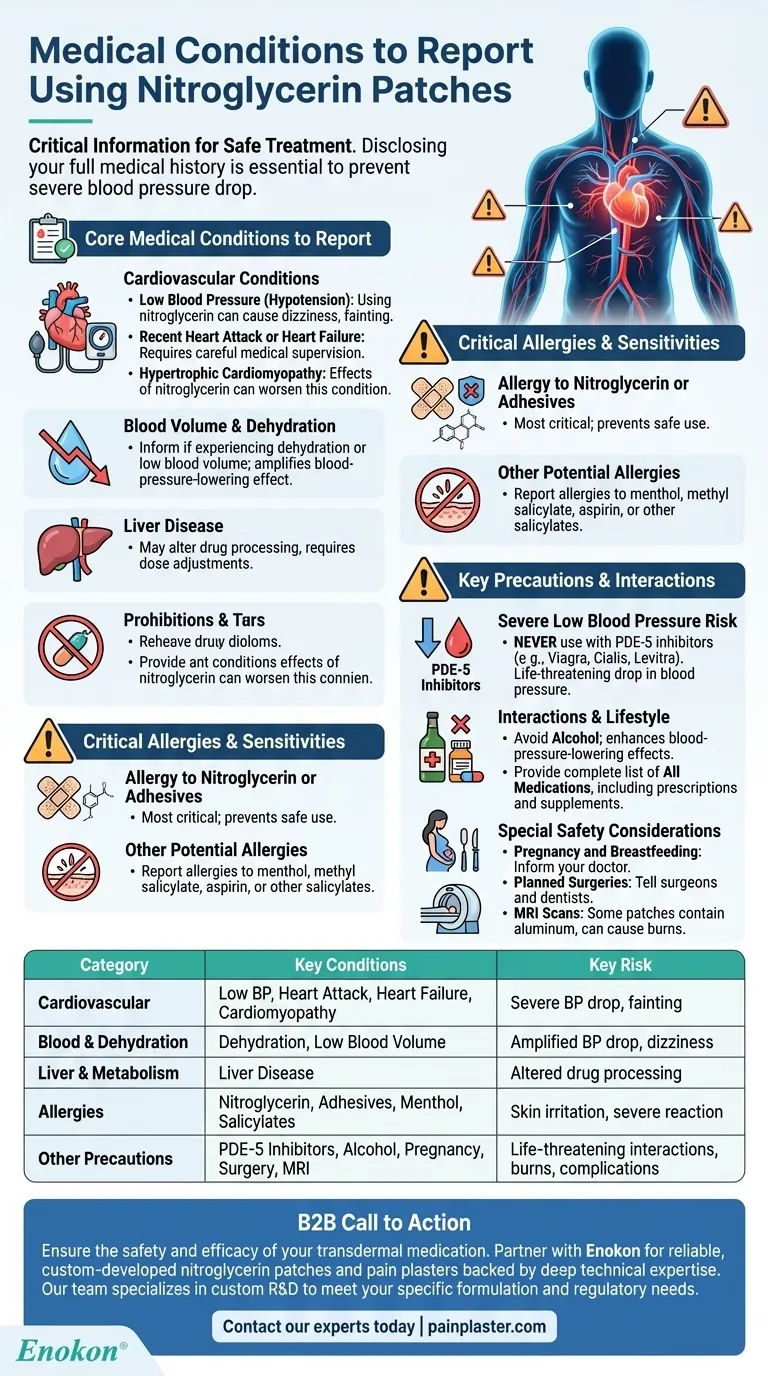 ¿Qué afecciones médicas deben notificarse antes de utilizar los parches de nitroglicerina?Garantizar un tratamiento seguro y eficaz Guía Visual