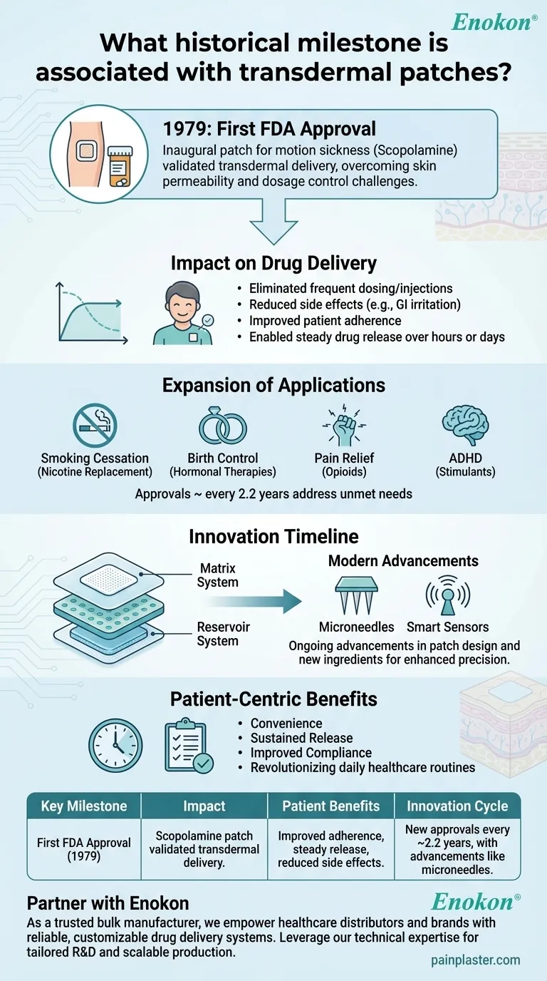 Que marco histórico está associado aos pensos transdérmicos?A descoberta de 1979 que revolucionou a administração de medicamentos Guia Visual