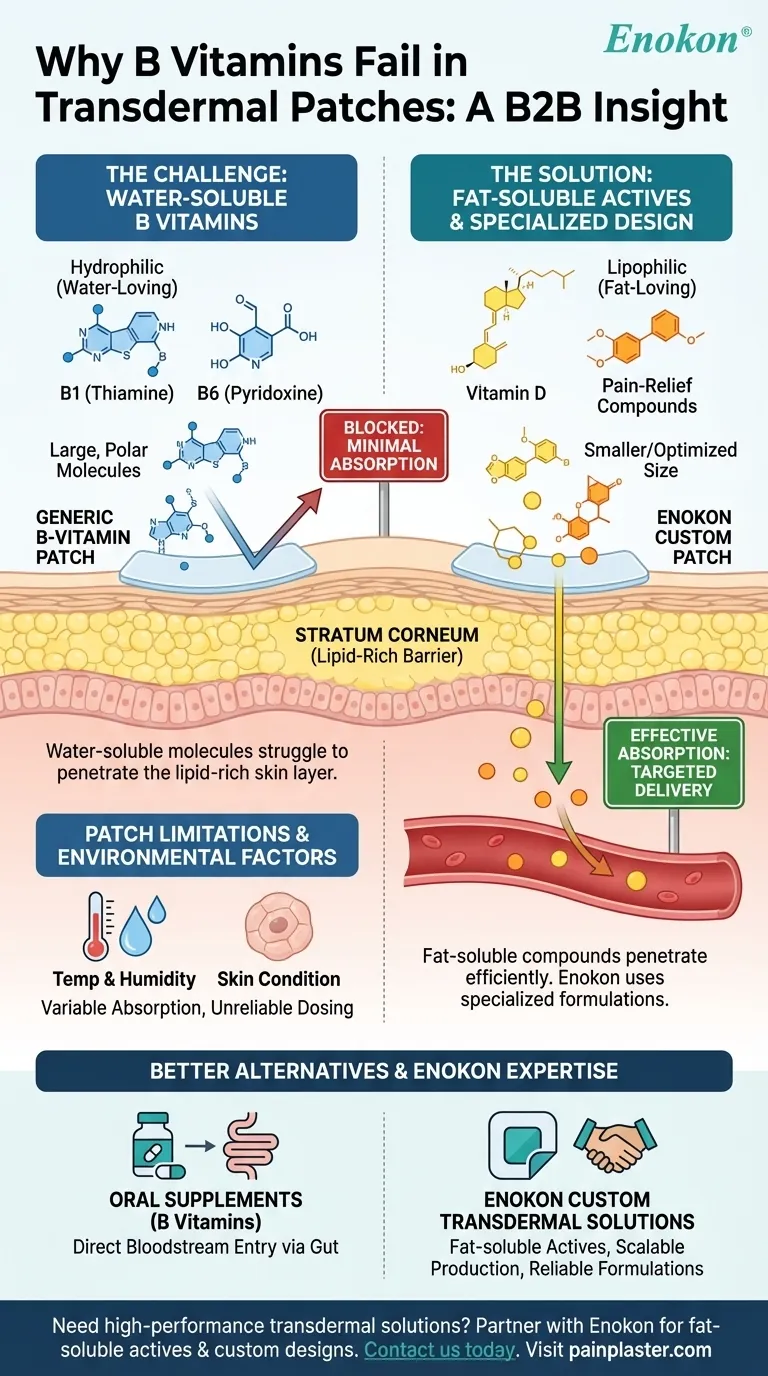 なぜ経皮パッチでビタミンB群を投与すると効果がないのか？主な吸収の課題についての説明 ビジュアルガイド