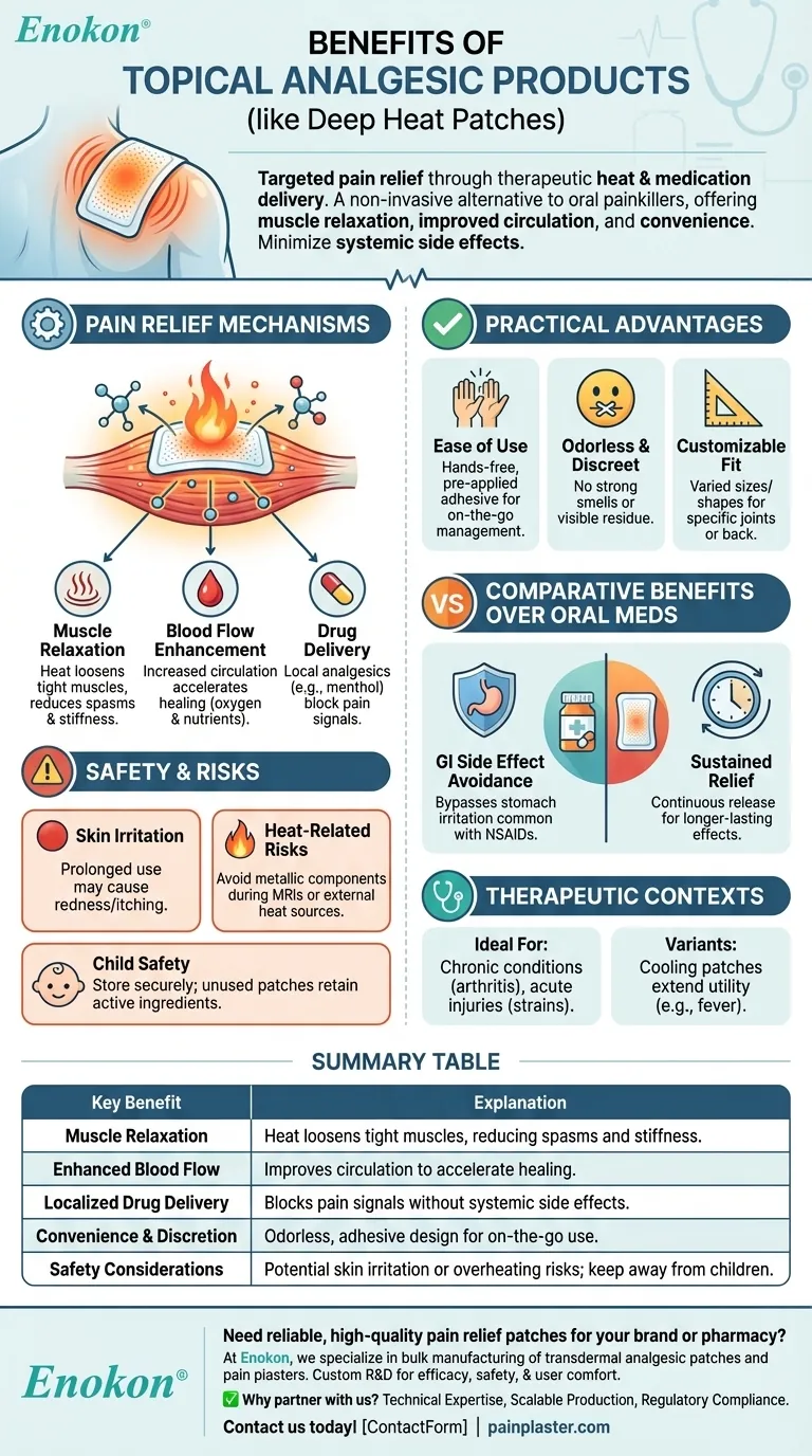 What benefits do topical analgesic products like Deep Heat patches provide? Targeted Pain Relief & Healing Visual Guide
