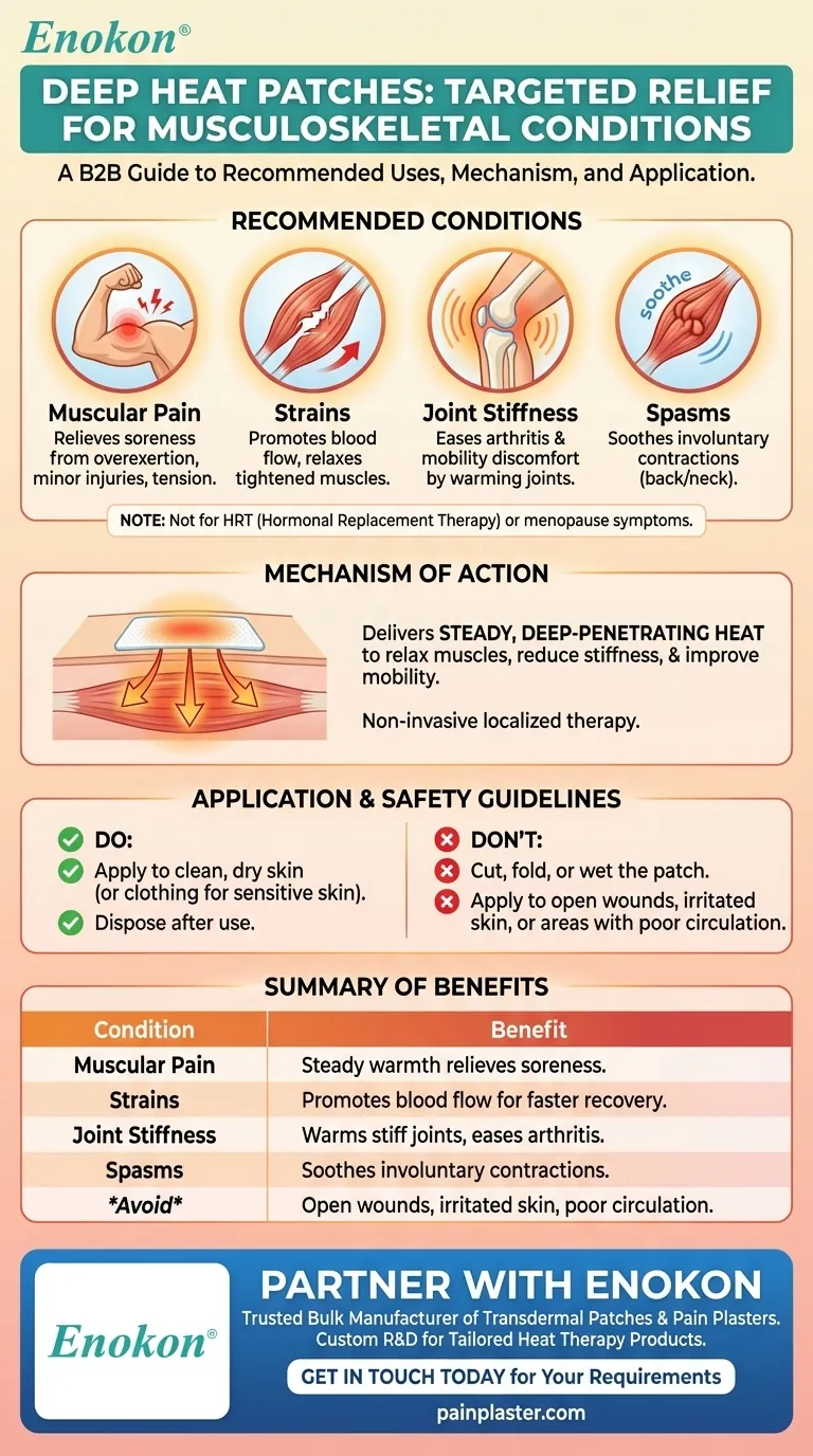 Para que condições são os adesivos Deep Heat particularmente recomendados?Alívio direcionado para a dor músculo-esquelética Guia Visual