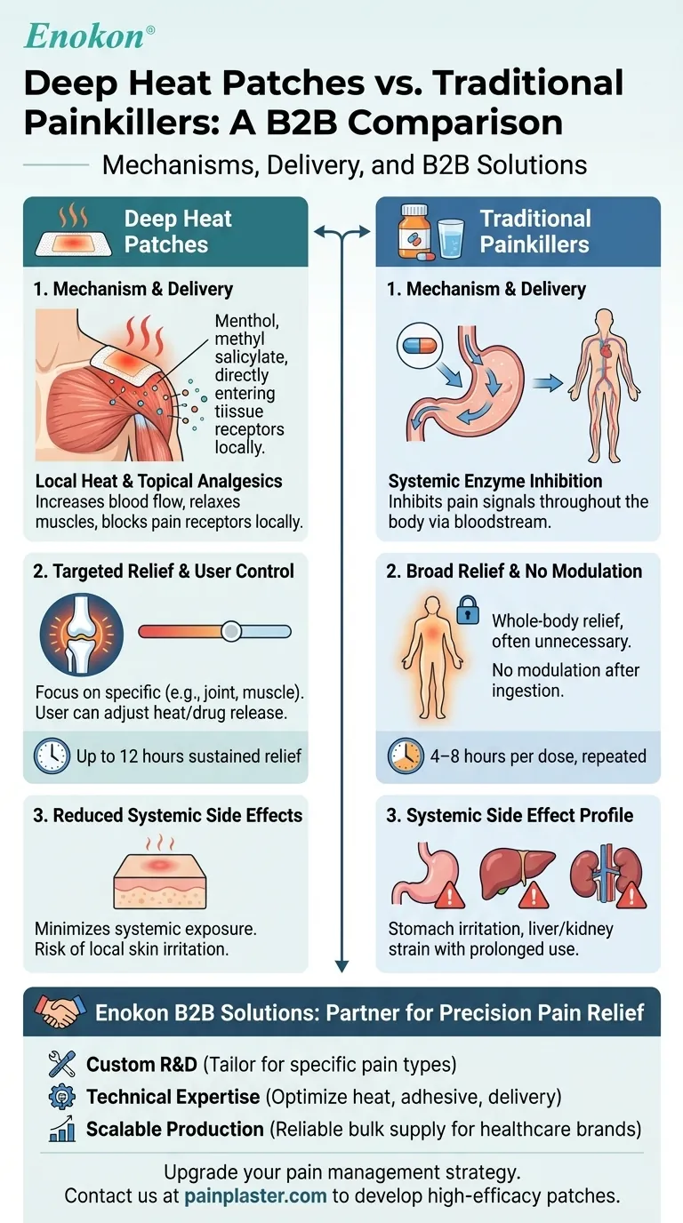 Como é que um penso Deep Heat funciona de forma diferente dos analgésicos tradicionais?Alívio direcionado sem efeitos secundários sistémicos Guia Visual