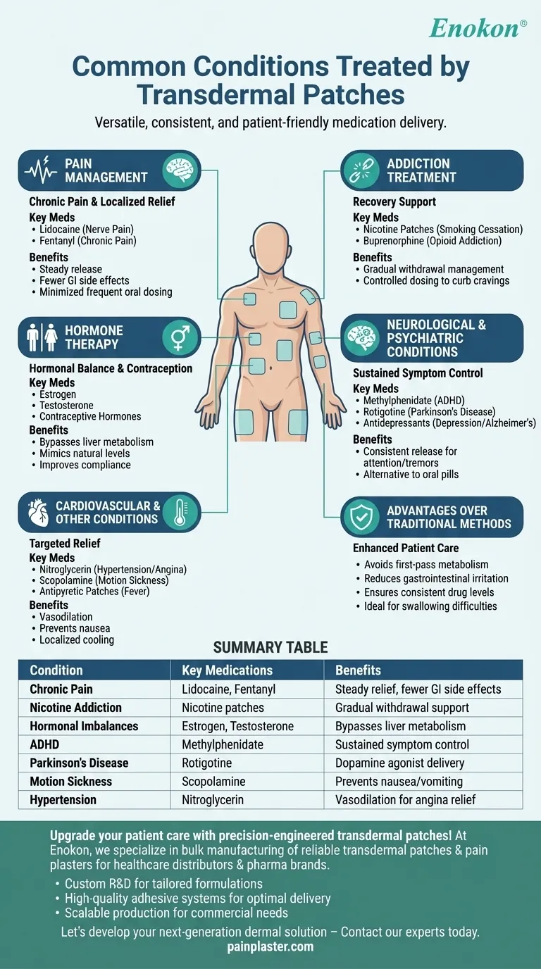 What are some common conditions treated by transdermal patches? Discover Their Versatile Medical Uses Visual Guide
