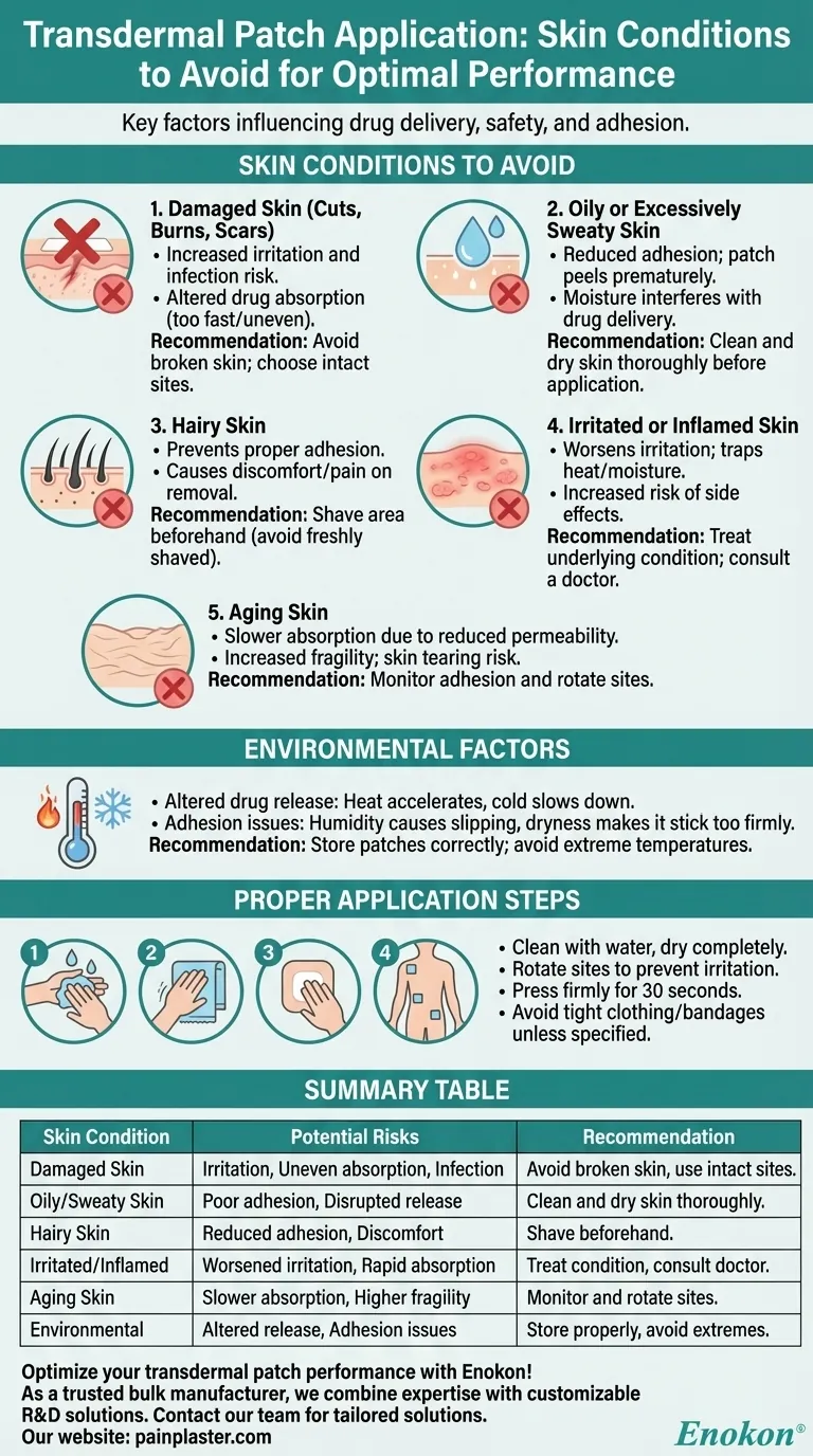 Que condições de pele devem ser evitadas quando se aplica um penso transdérmico?Garantir uma administração segura e eficaz do medicamento Guia Visual