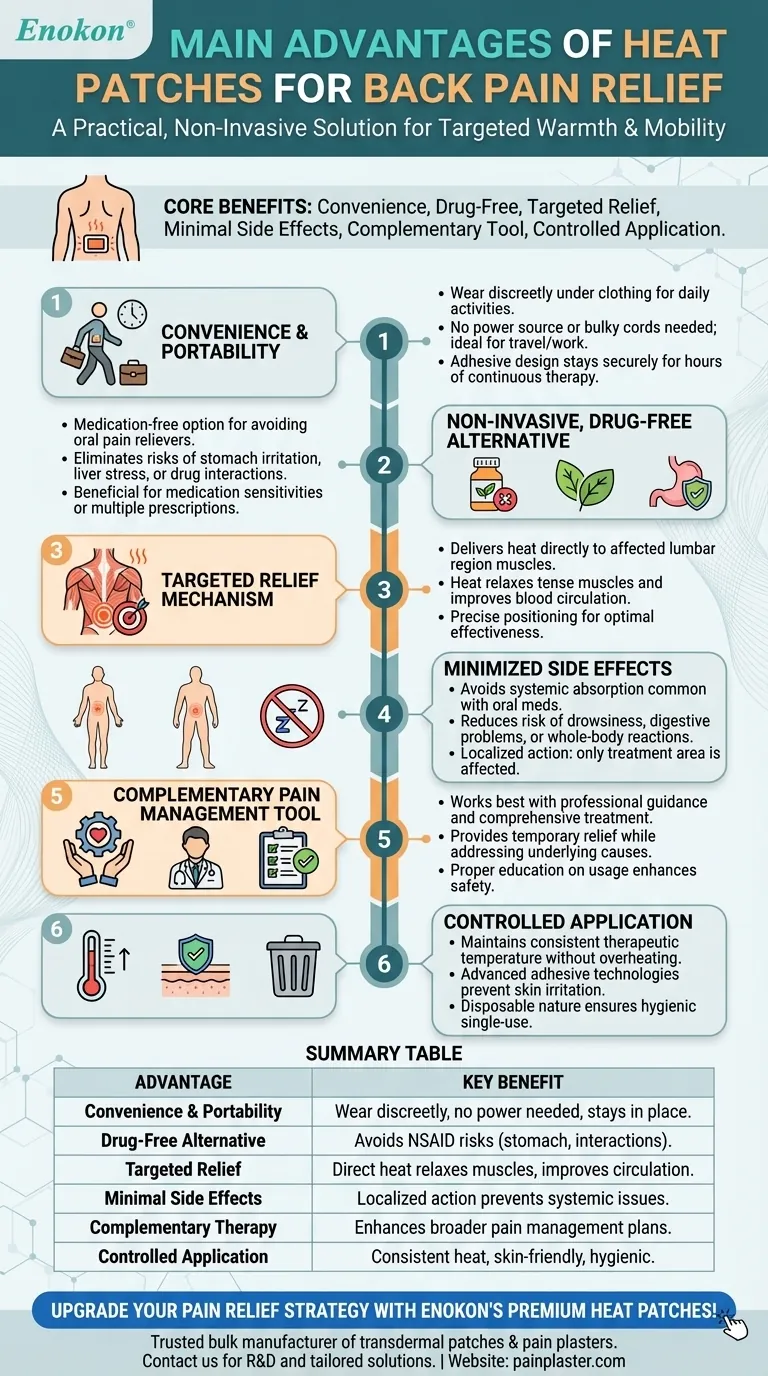 腰痛緩和にヒートパッチを使う主な利点は？薬物を使わず、温かさを持続させます。 ビジュアルガイド