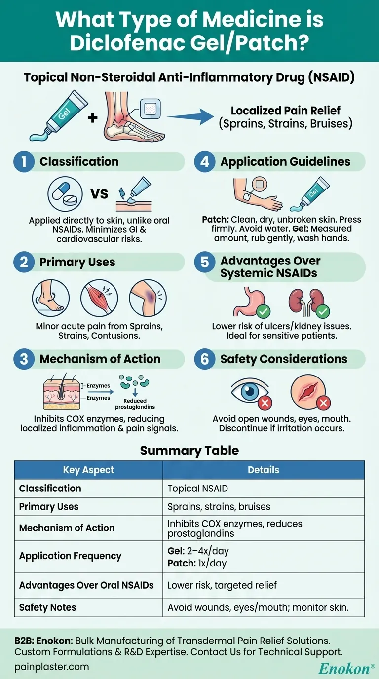 Que tipo de medicamento é o diclofenac gel/patch?Alívio da dor direcionado sem efeitos secundários sistémicos Guia Visual