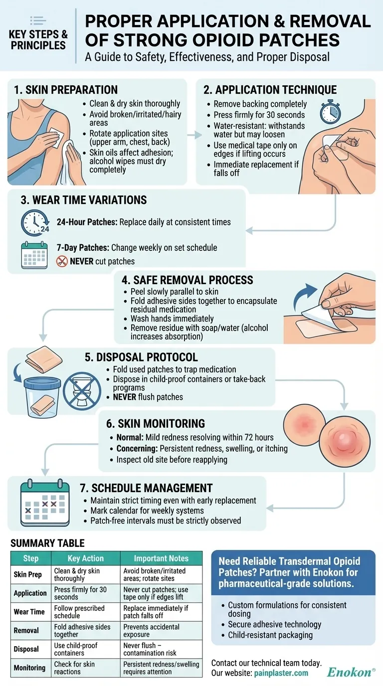 Como é que um penso de opiáceos fortes deve ser aplicado e removido?Passos essenciais para uma utilização transdérmica segura Guia Visual