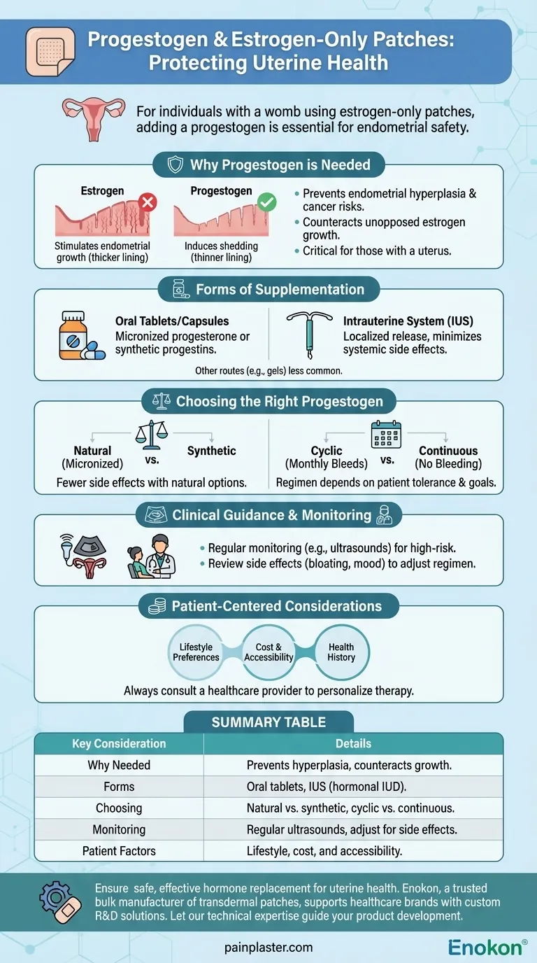 Quel progestatif supplémentaire est nécessaire si l'on utilise des patchs à base d'œstrogènes seuls et que l'on a encore un utérus ?Protégez votre santé endométriale Guide Visuel