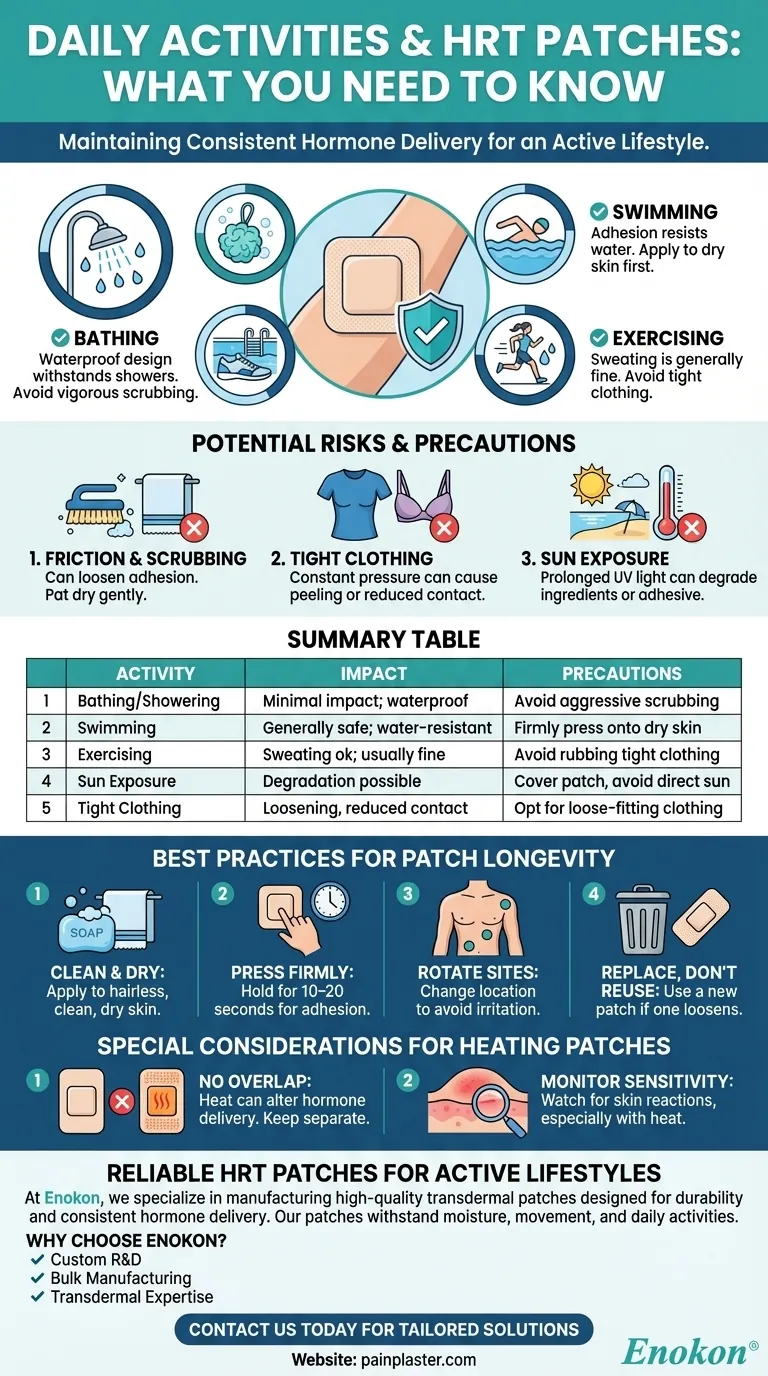 هل يمكن أن تؤثر الأنشطة اليومية مثل الاستحمام أو السباحة أو ممارسة التمارين الرياضية على لصقات العلاج التعويضي بالهرمونات؟رؤى رئيسية لطول عمر اللصقة دليل مرئي
