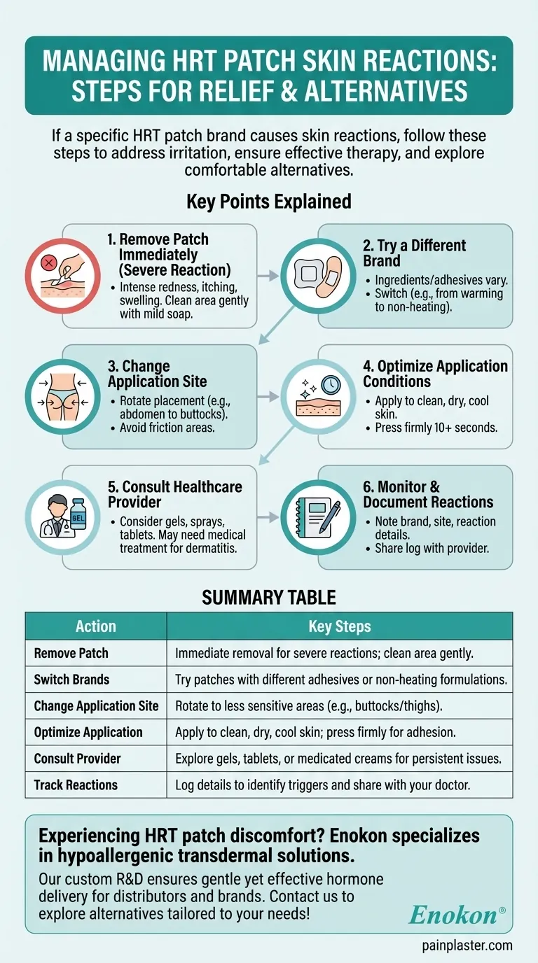特定のHRTパッチブランドで皮膚反応が起きた場合、どうすればよいですか？解決策と代替案 ビジュアルガイド