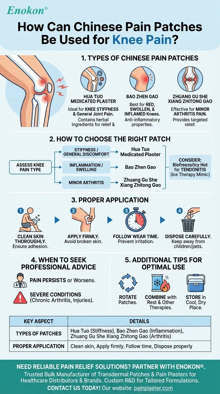 Comment les patchs chinois contre la douleur peuvent-ils être utilisés pour soulager la douleur au genou ?Soulager l'inconfort de manière sûre et efficace Guide Visuel