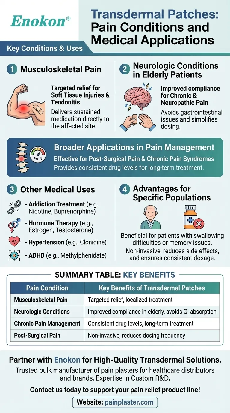ما هي أنواع حالات الألم التي تمت دراسة اللصقات عبر الجلد لعلاجها؟تخفيف متعدد الاستخدامات للألم المزمن والحاد دليل مرئي