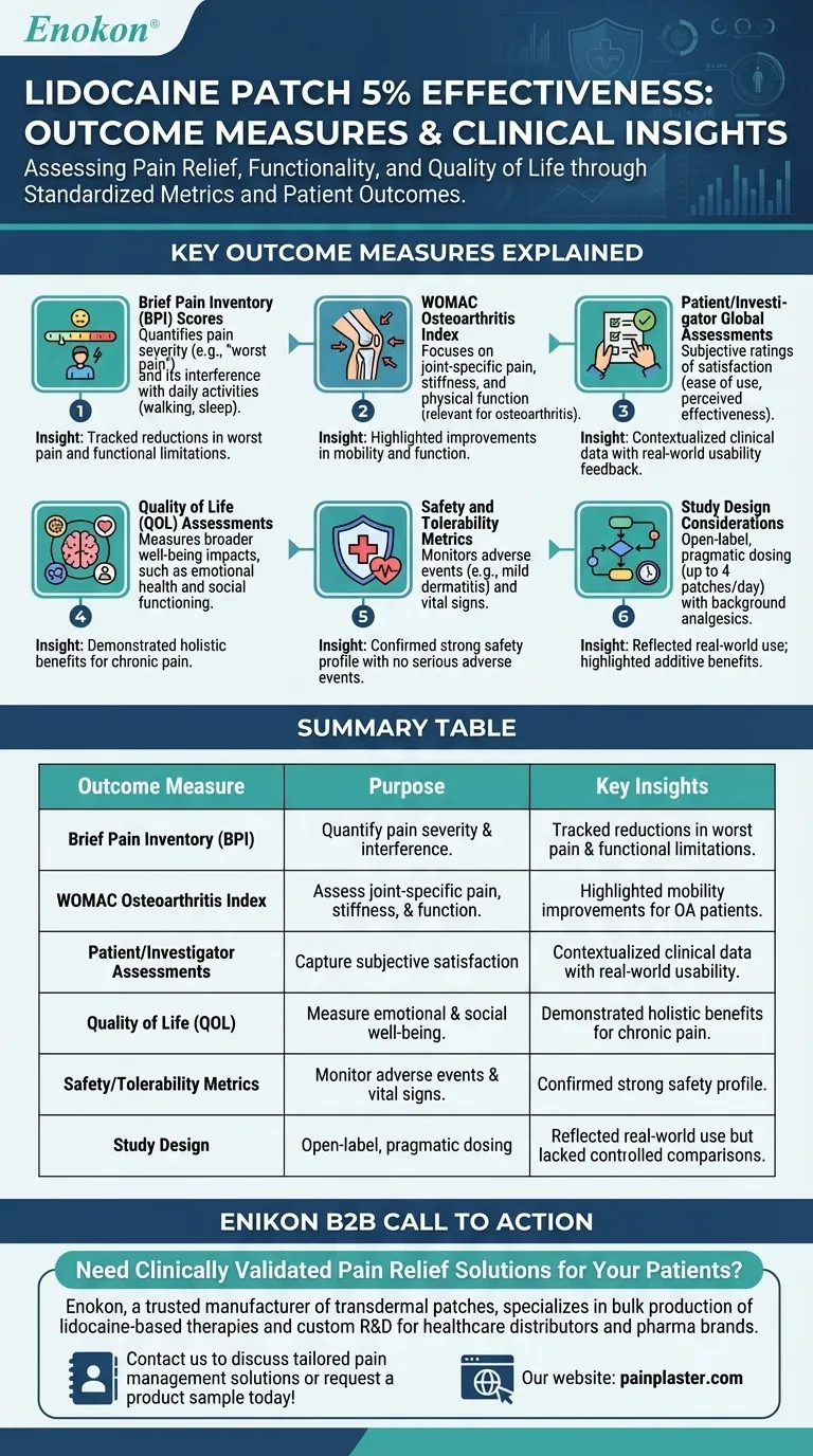 リドカインパッチ5％の有効性を評価するためにどのようなアウトカム指標が用いられたか？疼痛緩和評価の主な指標 ビジュアルガイド