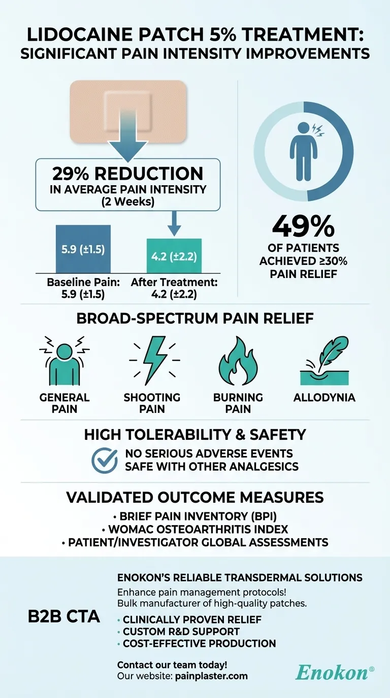 ما هي التحسينات التي لوحظت في شدة الألم بعد العلاج بلصقة ليدوكائين 5%؟تخفيف فعال للألم المزمن دليل مرئي