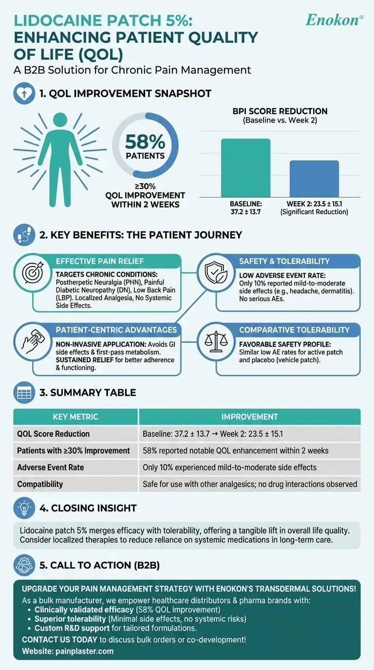 Como é que o adesivo de lidocaína 5% afectou a qualidade de vida (QOL) dos doentes?Principais benefícios e informações clínicas Guia Visual