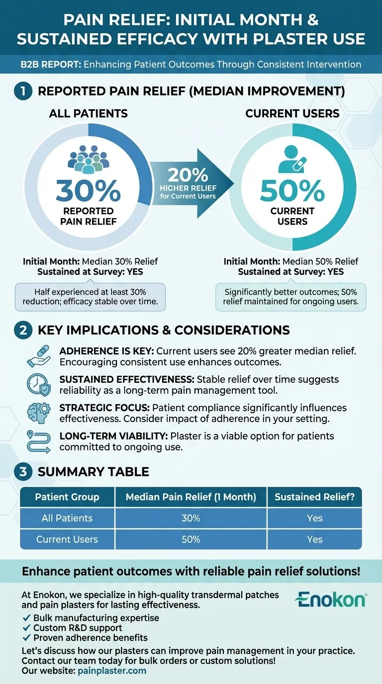 Qual foi o alívio da dor relatado após o mês inicial de utilização do gesso?Controlo da dor consistente e eficaz Guia Visual