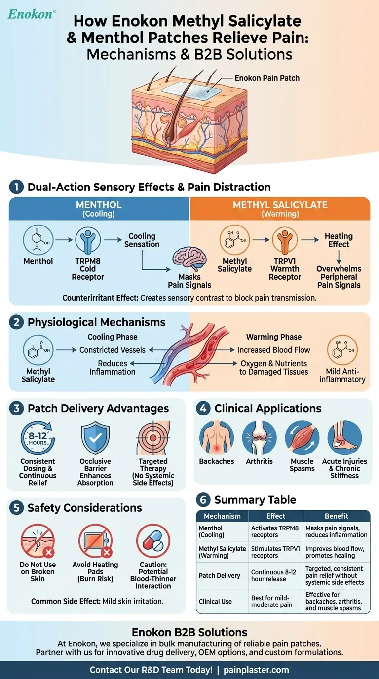 サリチル酸メチルとメントールのパッチが痛みを和らげる仕組みとは？痛みを和らげる二重作用の説明 ビジュアルガイド