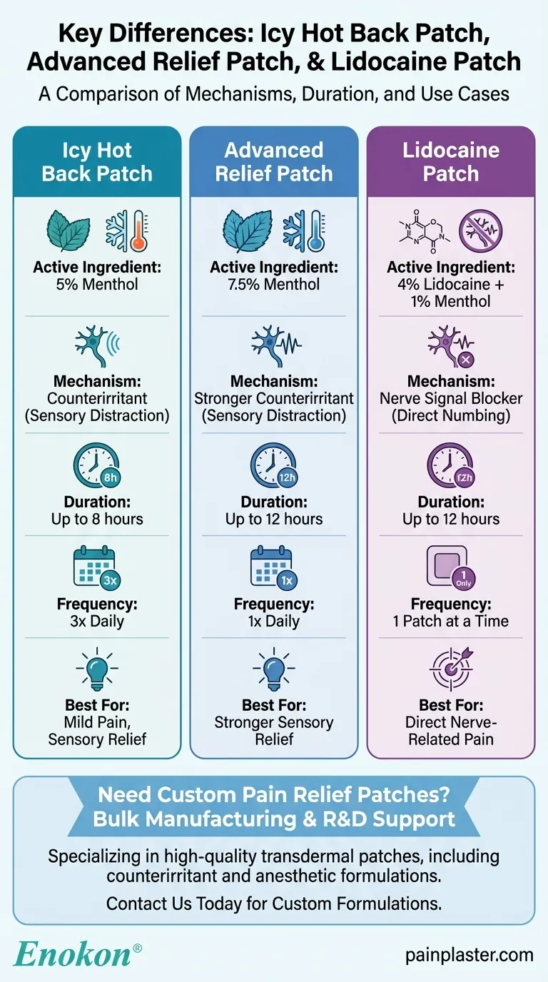 What are the key differences between Icy Hot Back Patch, Advanced Relief Patch, and Lidocaine Patch? Visual Guide