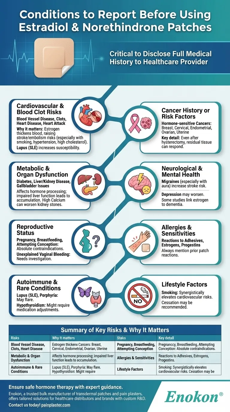 Que condições devem ser comunicadas antes de utilizar adesivos de estradiol e noretindrona? Principais riscos para a saúde a divulgar Guia Visual