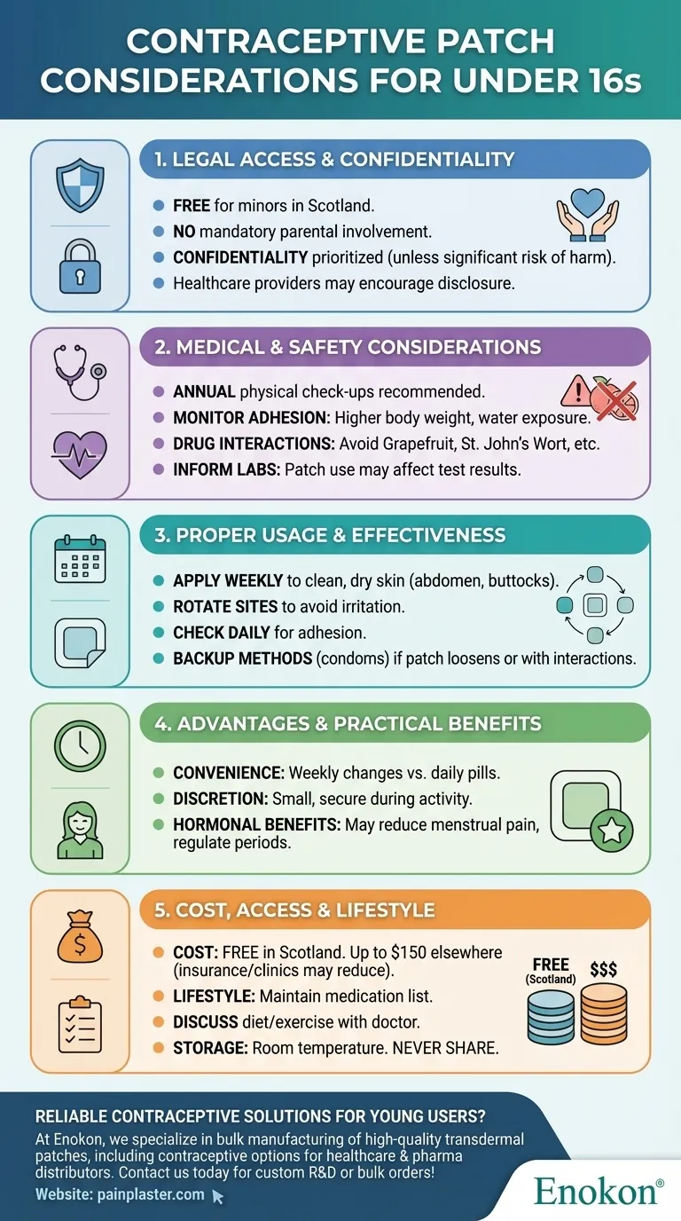 ¿Qué consideraciones se aplican a los menores de 16 años que utilizan el parche anticonceptivo? Factores clave para un uso seguro y eficaz Guía Visual
