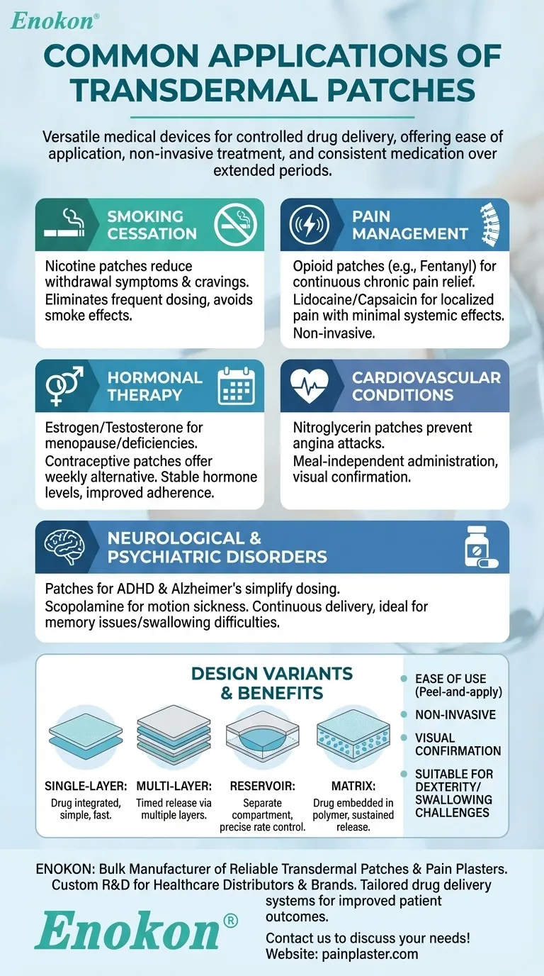 Quais são algumas das aplicações comuns dos adesivos transdérmicos? Descubra os seus usos médicos versáteis Guia Visual