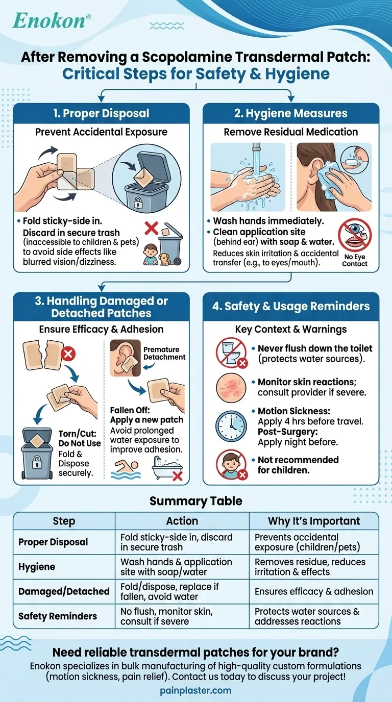 What should be done after removing the scopolamine transdermal patch? Safe Disposal & Hygiene Tips Visual Guide