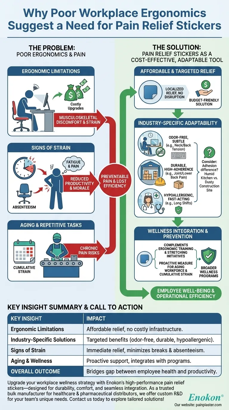 Porque é que uma má ergonomia no local de trabalho pode sugerir a necessidade de autocolantes para alívio da dor? Aumente a produtividade com um alívio direcionado Guia Visual