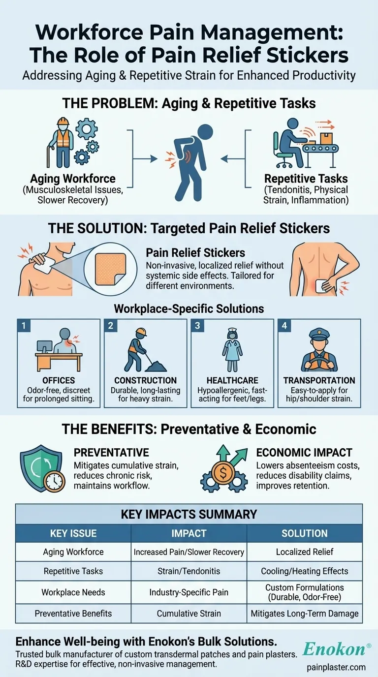 Como é que uma força de trabalho envelhecida ou tarefas repetitivas se relacionam com a necessidade de autocolantes para alívio da dor? Aumente a produtividade com um alívio direcionado Guia Visual