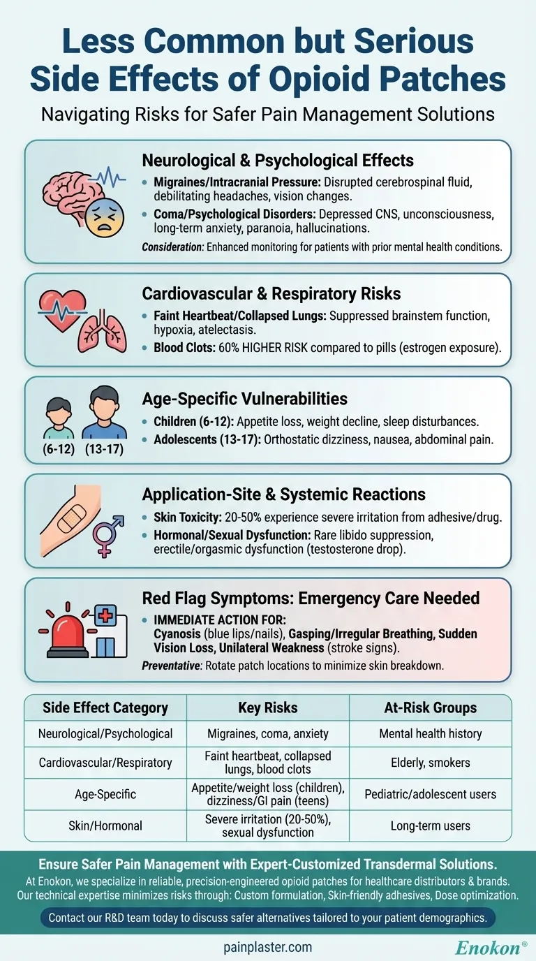 Quais são alguns dos efeitos secundários menos comuns mas graves dos adesivos opiáceos? Riscos para além do alívio da dor Guia Visual