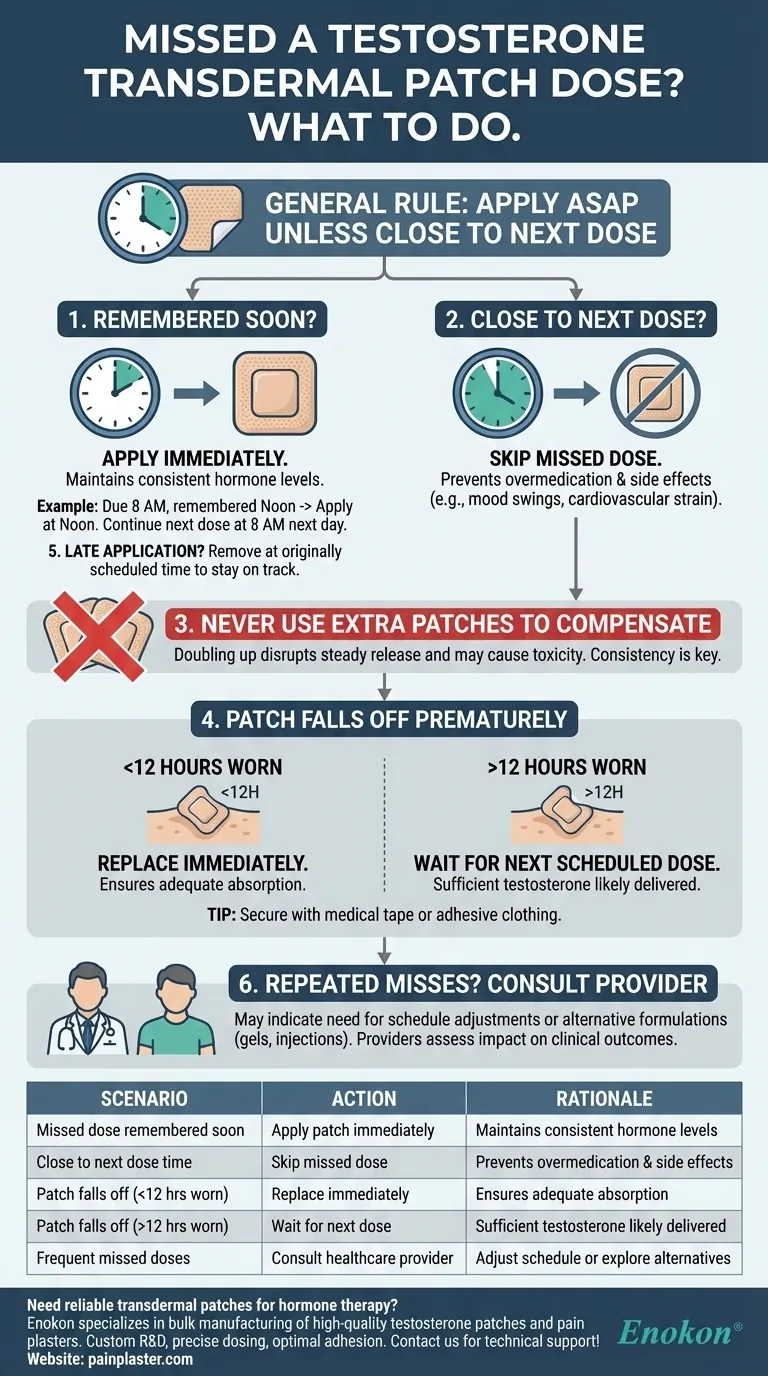 What should be done if a dose of testosterone transdermal patch is missed? Expert Guidance for Safe Hormone Therapy Visual Guide