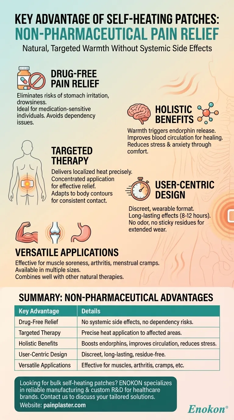 What is a key advantage of self-heating patches? Drug-Free Pain Relief with Targeted Warmth Visual Guide