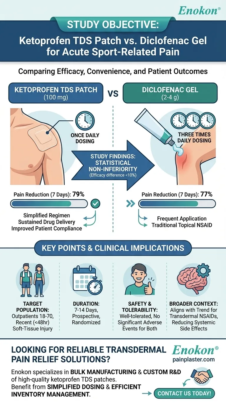 ケトプロフェンTDSパッチとジクロフェナクゲルの比較試験の目的は？主な所見と利点 ビジュアルガイド