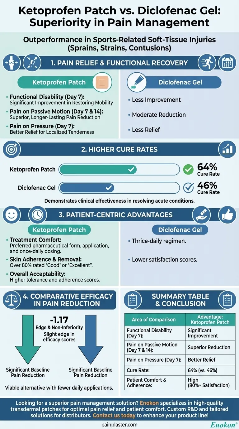 In which specific areas did the ketoprofen patch outperform diclofenac gel? Key Advantages Revealed Visual Guide