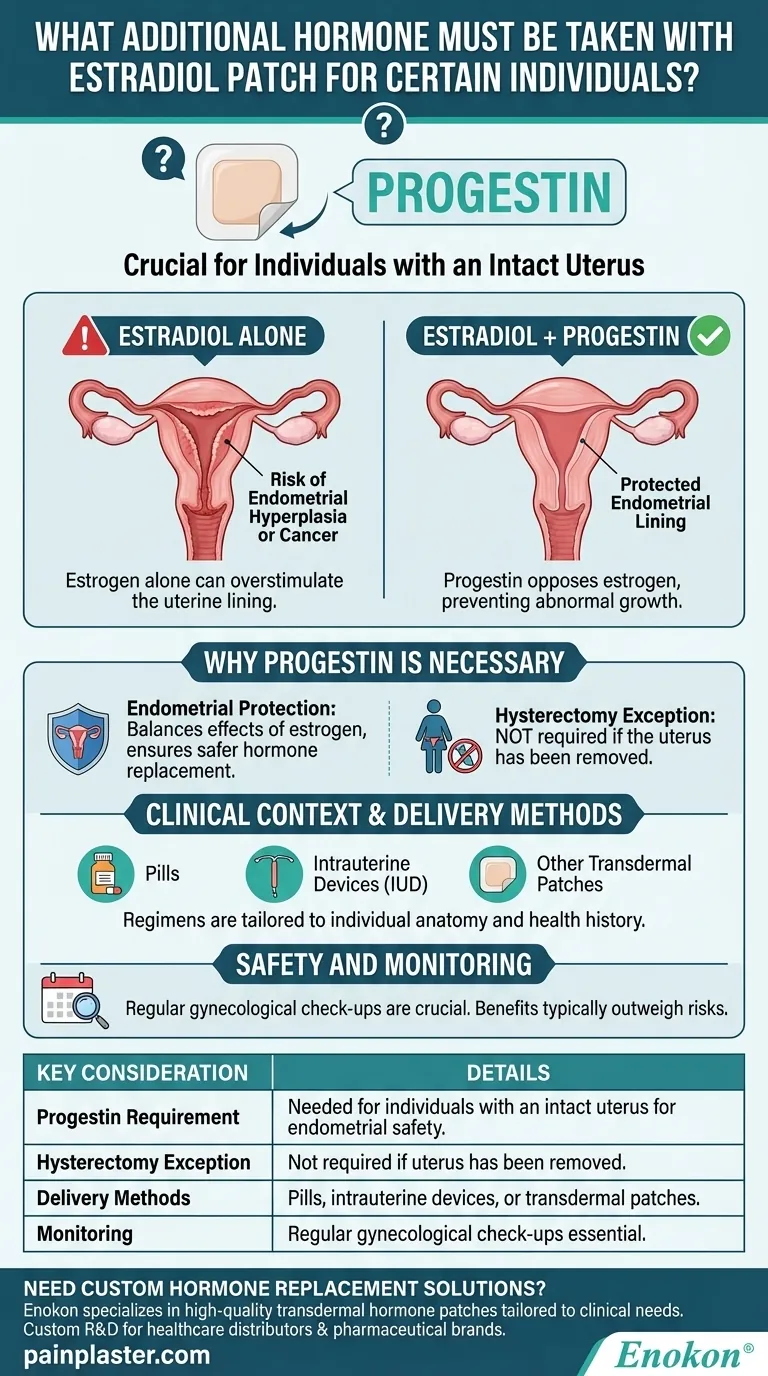 Какой дополнительный гормон необходимо принимать вместе с эстрадиоловым пластырем для некоторых людей?Необходимый прогестин для безопасной HRT Визуальное руководство