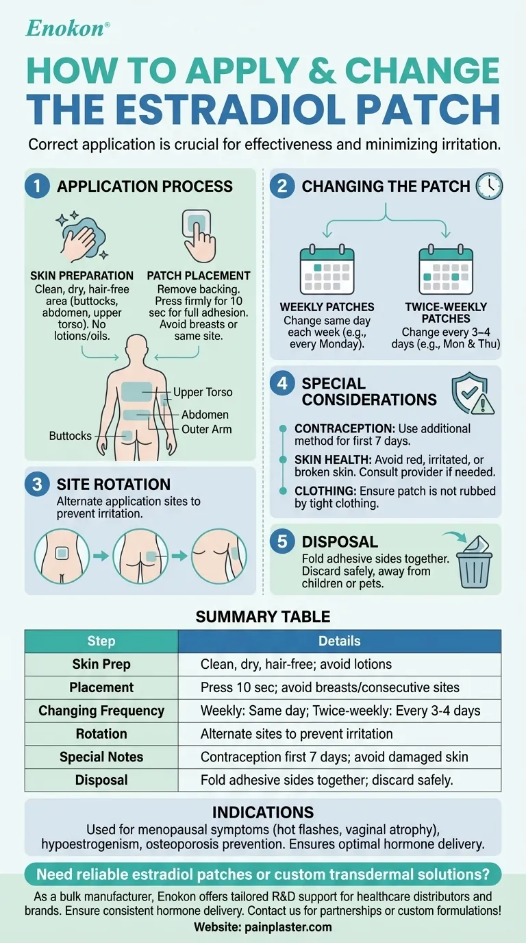 Como é que o adesivo de estradiol deve ser aplicado e mudado?Passos fundamentais para uma utilização eficaz Guia Visual