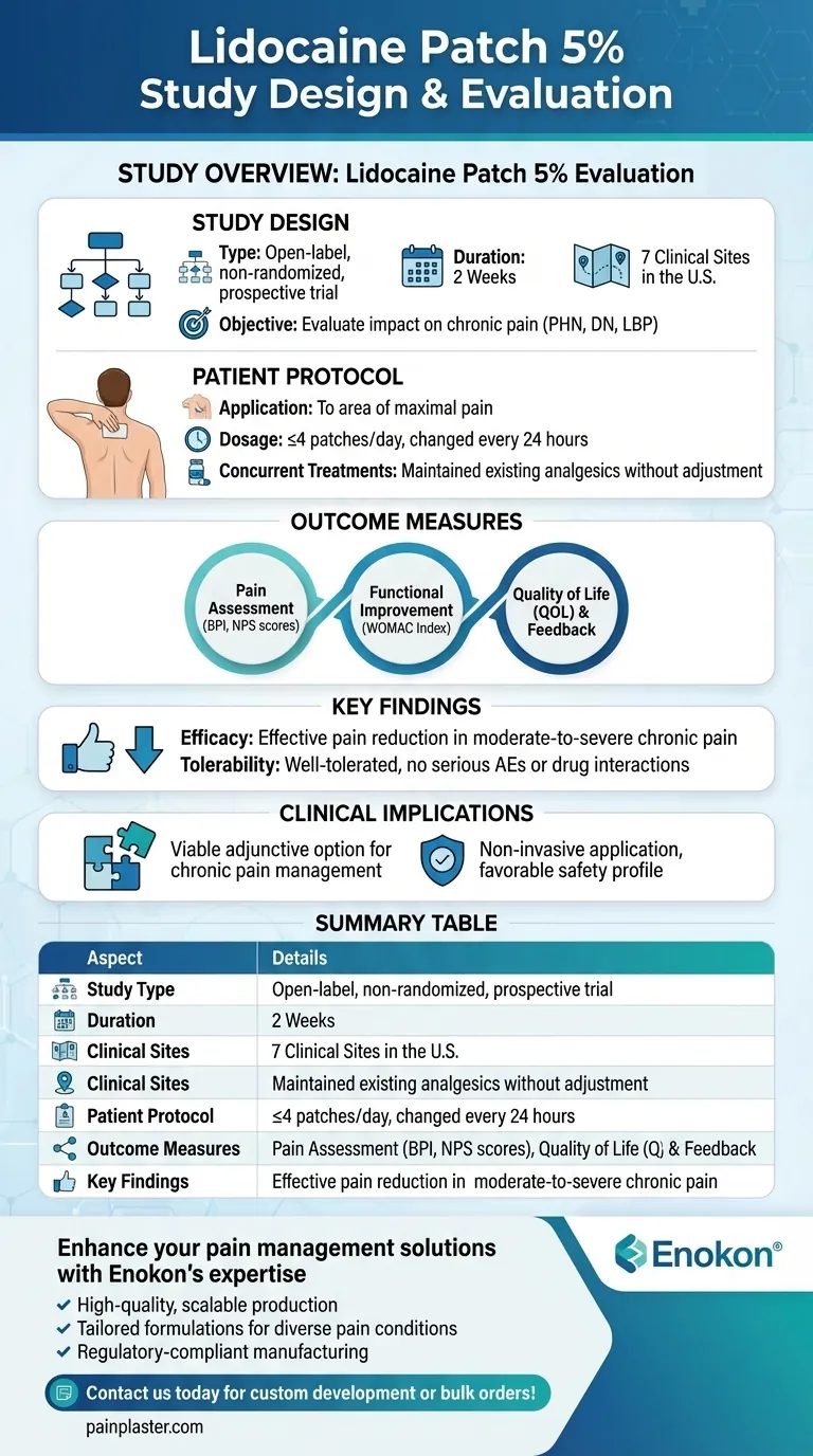 Qual foi o desenho do estudo para avaliar o adesivo de lidocaína a 5%?Principais informações sobre o alívio da dor crónica Guia Visual